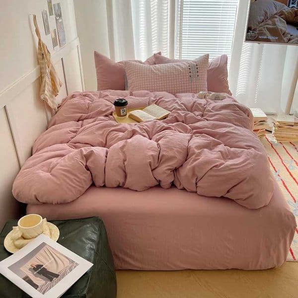 Solid INS Style Bedding Set For adults kids pink cotton fitted Flat Sheet With Pillowcases Colorful King Queen Full size XJ250619
