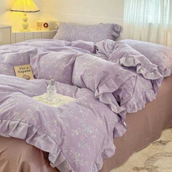 New Gentle floral aerobic knitted cotton bed sheet with lace double layered yarn duvet cover washed cotton bed sheet 3 piece setXJ250619