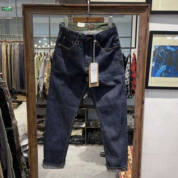 American heavyweight 16-ounce dark red leather-napped unbleached mercerized straight-leg rolled-edge fringed slim-fit denim pants 26L0507