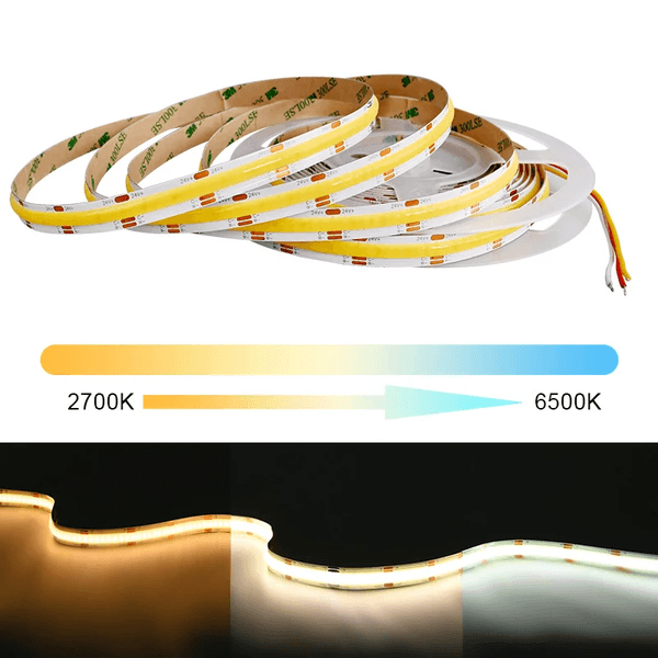 DC12V 24V CCT COB LED Strip Lights High Density 608 LEDs/m Flexible Dimmable FOB Led Tape 2700K to 6500K Changeable LED Lighting