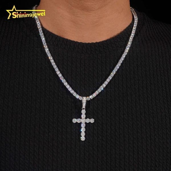 Sparkling Hip Hop Jewelry Stainless Steel Tennis Chain Cross Pendant Necklace Ice Out VVS1 Moissanite Pendant