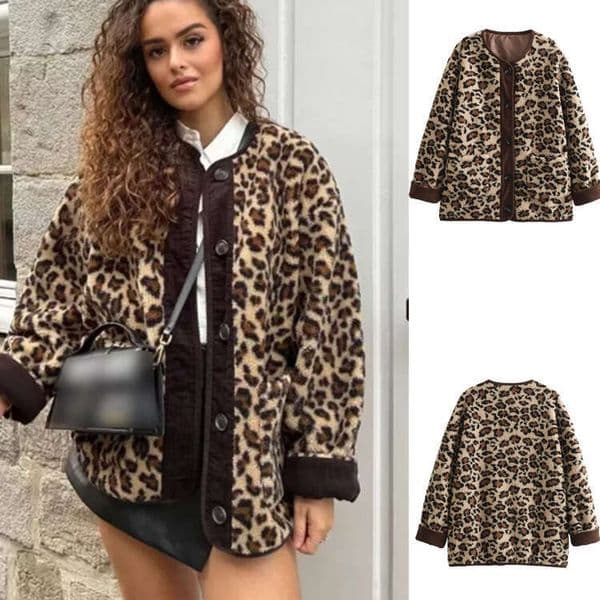 TRAFZA Women's Autumn Winter American Style Leopard Print Casual Loose Long Sleeve Jacket For Women B5