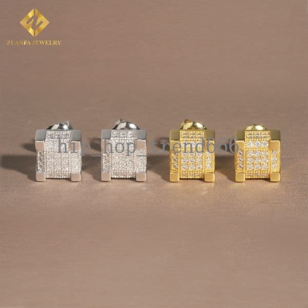 Large Inventory Square Ear Studs Hip Hop Jewelry Iced Out Screw Back VVS Moissanite Diamond 925 Sterling Silver Stud Earring