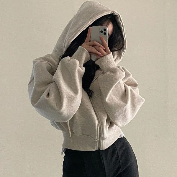 Korean Hood Shirt Women Fashion Fleece Lined Loose Hoodies Zipper Long Sleeve Crop Tops Harajuku Female Jackets Coats Sweatshirt 250725BANJIA