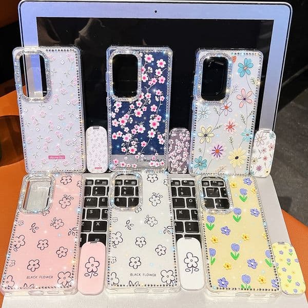 Flower Mirror Holder Cases For Iphone 17 Air 16E 16 Pro Max 15 14 13 Samsung A17 A07 S25 Ultra S24 Plus A16 A26 A36 A56 Bling Diamond Rhinestone Soft IMD TPU