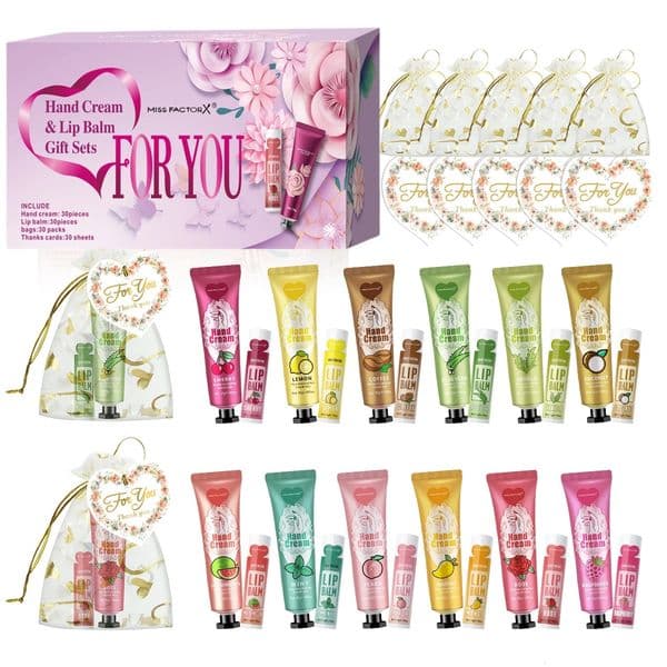 Gift set 30 sets/box hand cream and lip balm set for guests bridal wedding gift with love mesh bag and thank you card 250721BJ