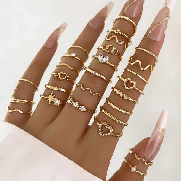 Fashionable and simple wave joint ring set for womens crystal heart-shaped gold and silver colored rings womens party jewelry W250417