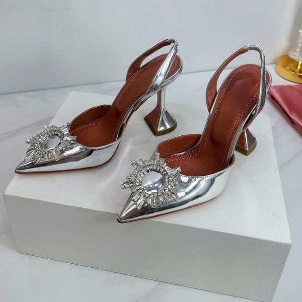 Designer women new pointed toe high Heels Shine Evening shoes Close toe Slingback sandals Luxury dress shoes Crystal-cut graphic embellished Factory footwear