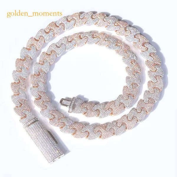 Fashion Style 2 Tone 11mm 15mm Solid Sier Ice Out GRA Moissanite Cuban Link Chain Hip Hop Necklace