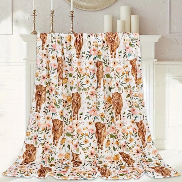 Comfortable floral highland cow printed flannel blanket - soft warm and multi-functional suitable for sofas beds offices and 250721