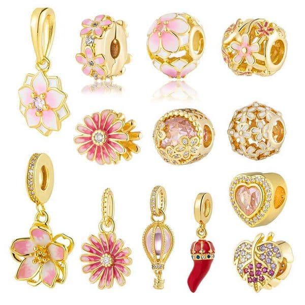 New Gold Plated Colorful Bead Jewelry Gift Pink Daisy Flower Cherry Blossom Charm Fits Original Silver 925 European Bracelet XJ250726