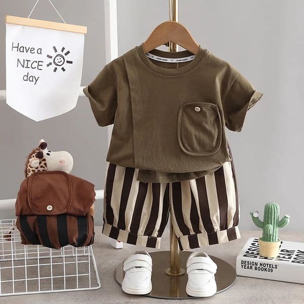 2Pcs Tshirt Shorts Set Baby Summer Clothes Fashion Casual Boy Girl Tee Stripe Shirts Suit Outfits Children Costume 250725BJ