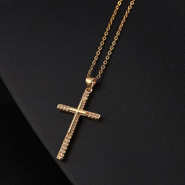 HOT Fashion Women's Jewelry Personality Hip-Hop Real Gold Plated Micro-Inlaid Zircon Cross Pendant Necklace