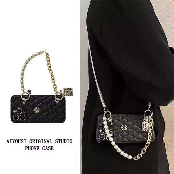 High-End -Style Leather Camellia Handbag Chain Compatible With Apple 16 Pro Max Crossbody 15 Phone Case 14 PM