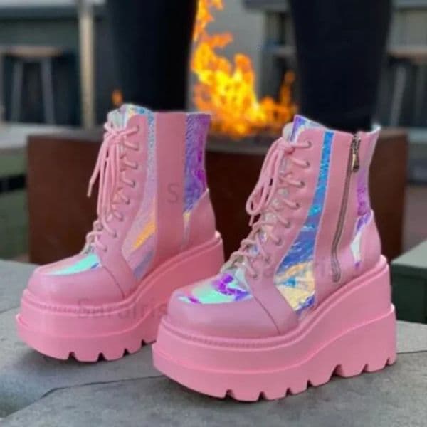Plus Size Platform Boots for Women Fashion Wedge Shoes Sequins High Heels Womens Ankle Boots Zipper Lace Up Womens Boots 250805