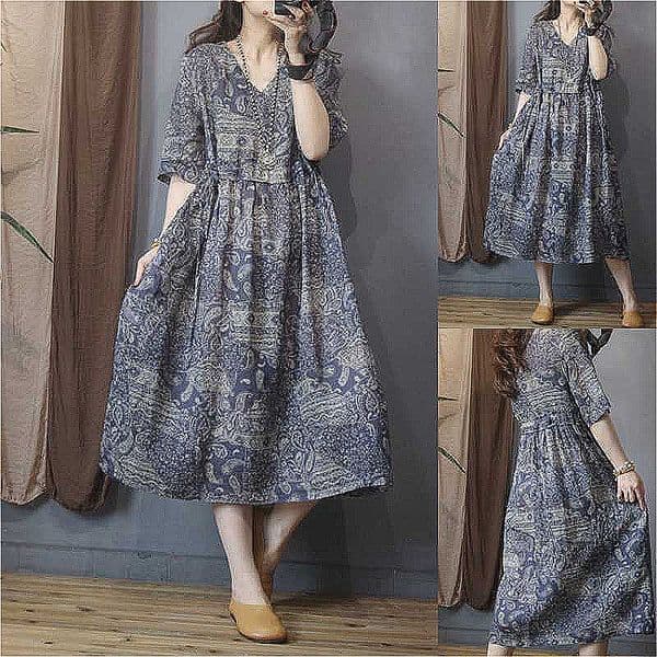 289 Ramie ethnic style V-neck dress for women Summer new style five-point sleeves loose waist slimming mid-length dress