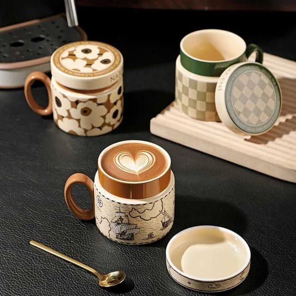 380ML Ceramic Coffee Mug With Lid Flower Lattice Luxury Porcelain Cups With Handle For Cafe Milk Juice Water X250728