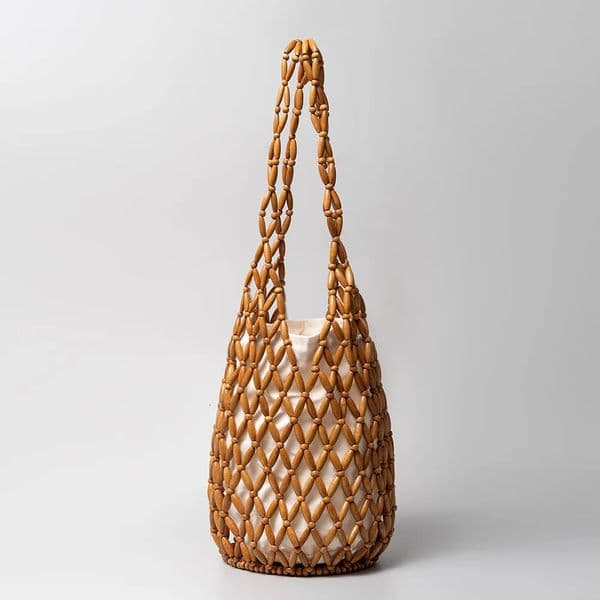 Women Woven Hand Bag Exquisite n Hollowout Wooden Bead Tote Bucket Shoulder Female Summer Beach Handbag 250725BANJIA