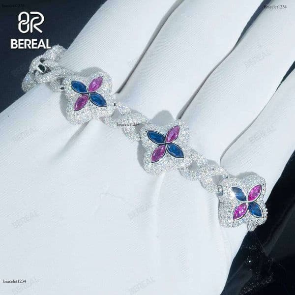 Vvs Iced Out Moissanite Blue Flower Baguette Cuban Chain Hip-Hop Bracelet Gold and Sier Premium Jewelry for Men