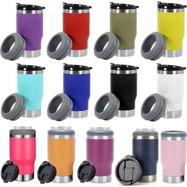 4 in 1 14oz Can Cooler Coffee Cups Tumbler 12oz Slim Cold Beer Bottle Holder With Opener Powder Coated Double Wall Stainless Steel Vacuum Insulated Mugs With Two Lids 29