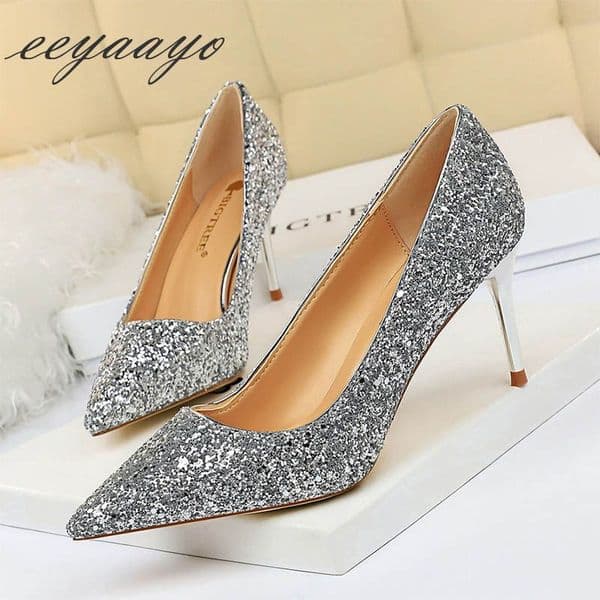 Women Pumps High Stiletto Heel Pointed Toe Sexy Ladies Bling Wedding Shoes