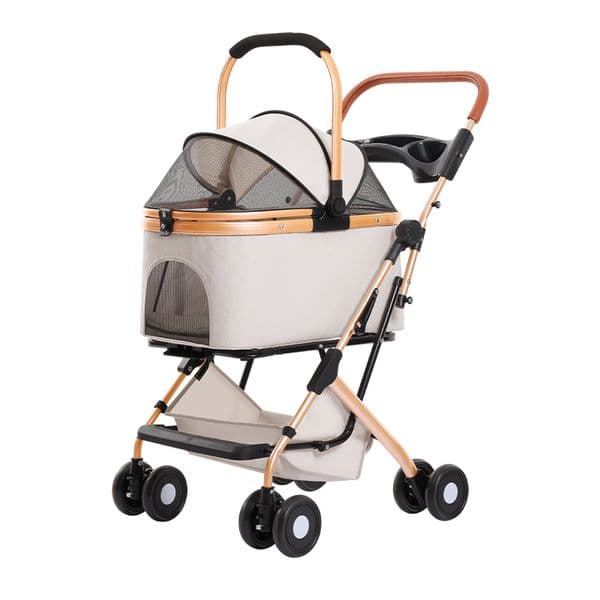 Pet stroller with 4 wheels, foldable pet travel harness, suitable for small/medium-sized dogs and cats, detachable portable pet bag, storage basket