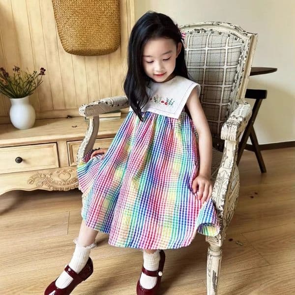 Girls Casual Dresses Sweet Rainbow Grid Large Flip-collar Sleeveless Vest Dress Child Girls' Dress New Summer Arrivals