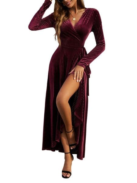 (506) European and American Autumn and Winter Temperament V-neck High Waist Solid Color Lace-up Slit Dress