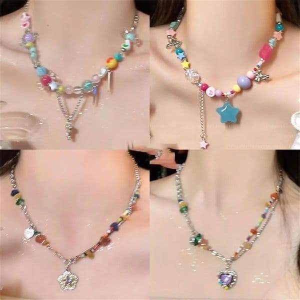 Y2k Rainbow Candy Beaded Choker Necklace Women Boho Beads Cherry Pendant Necklaces Vintage Irregular Girl Necklace Jewelry Gifts 250729