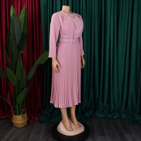 (362) Ladies' new style elegant pleated commuter OL solid color large size dress