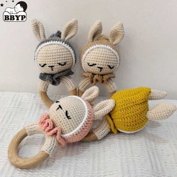 Baby Wooden Teether Crochet Cartoon Bunny Baby Rattle Toys Wooden Ring Rodent Toys Mobile Gym Kids Newborn Educational Toys X250730