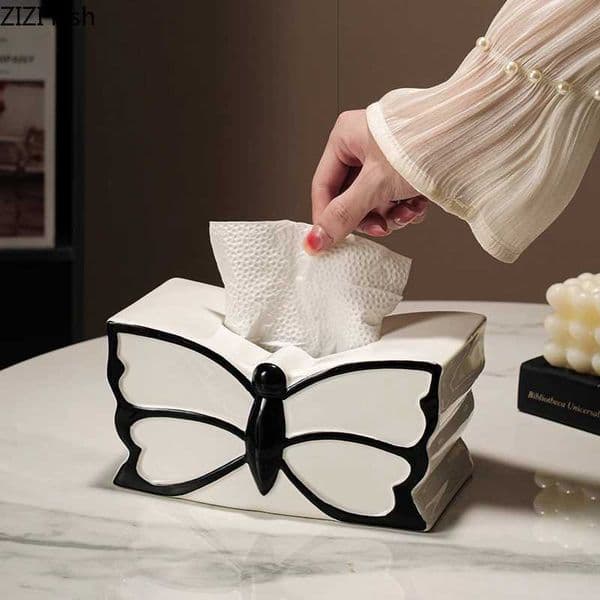 Luxury Designer Decor Black gift set And White Butterfly Decorative Coffee Desk Decoration Ceramic Tissue Box Bedside Table Paper Towel Case Decoration For Home