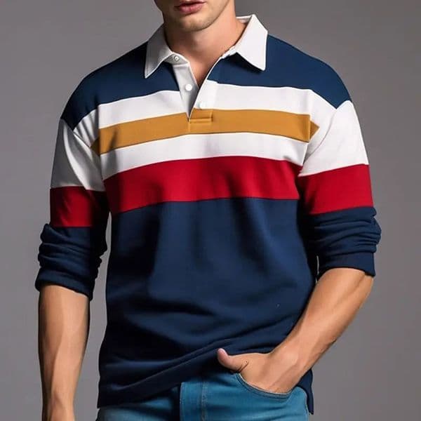 Color Stripes Print Mens Polo Shirts Daily Business Casual Long Sleeved Tops Fashion Lapel Button T-Shirt Autumn Loose Clothing 250730