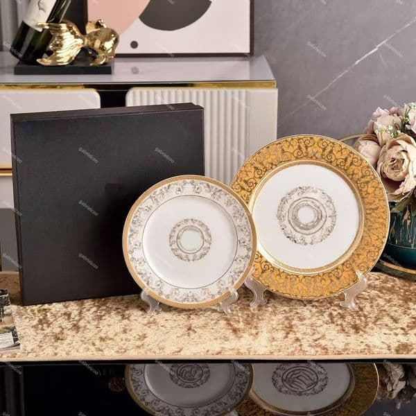 Luxury European Bone China Dinnerware Set 45% Bone Ash Porcelain with Gold Trim, Steak Plates & Dessert Plates