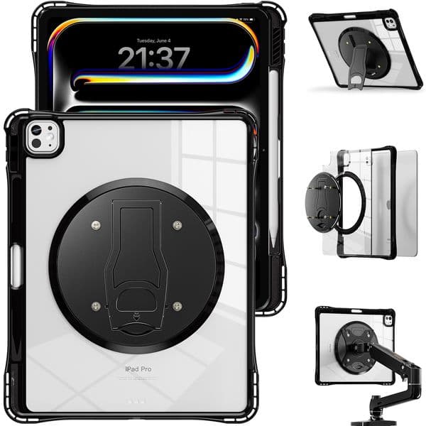 Clear Case For iPad Pro13" M4 A2925(2024)360 Rotation live broadcast kickstand Shockproof Kids Safe Tablet Case + Shoulder Strap