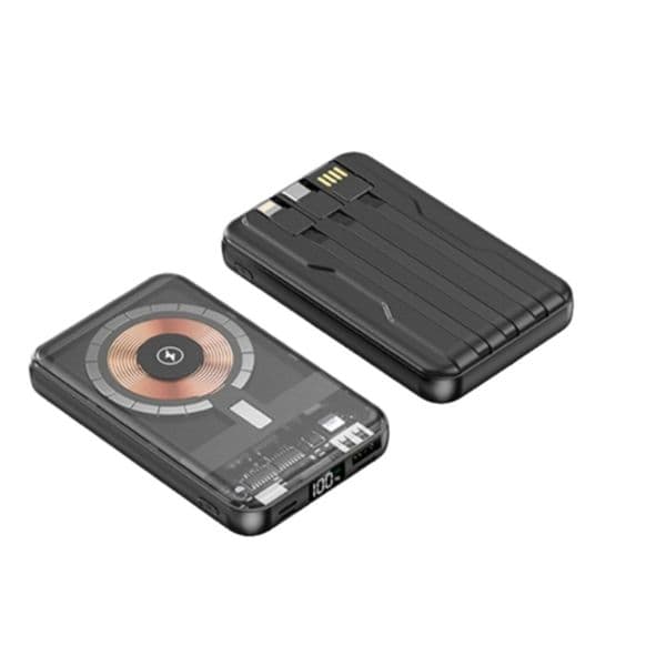 Transparent Mecha Design 10000mAh Power Bank Magnetic Wireless Charger with Built-in Cable MagSafe Compatible Fast Charging, Ideal for Outdoor/Travel/Daily Use
