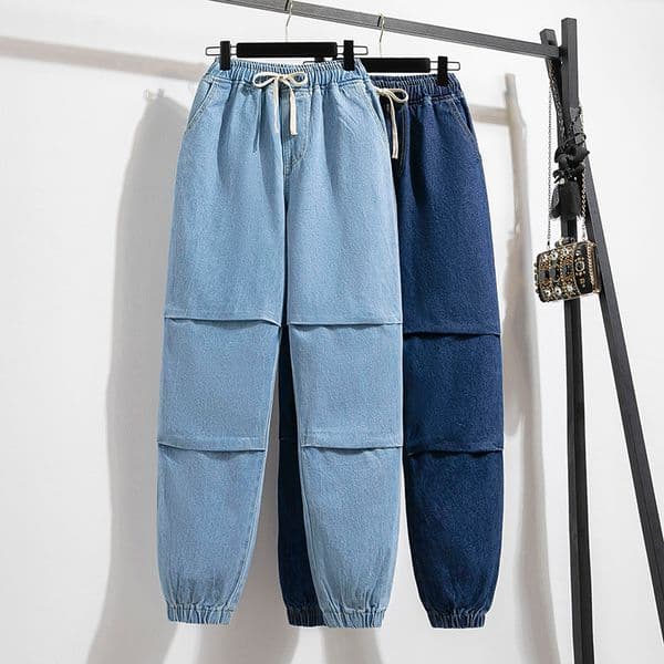 Casual Loose Plus Size Jeans Woman Clothing Streetwear Elastic Waist Patchwork Denim Baggy Pants Lace Up Harem Mom Jeans Women