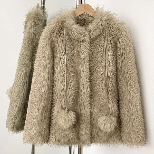 Women's Clothing Faux Fox Fur Coat For Women With Pom-Pom Details, Cute And Stylish, Thickened Warm Fuzzy Jacket, Mid-Length Outerwear, Coffee Beige