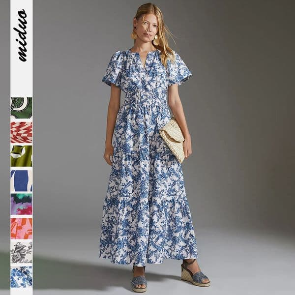 2025 Spring/Summer New Bohemian Style Elastic Waist V-neck Digital Printed Dress