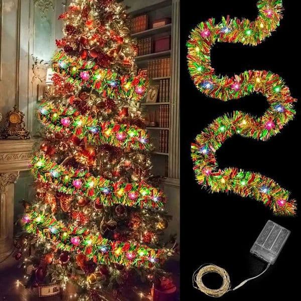 1pc 5M16 Ft Christmas Tinsel Garland Metallic Shinny with LED Lights Tree Thick Hanging Decorations for Xmas Party Indoor DecorXJ251101