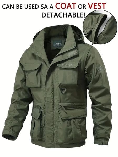 Detachable windproof sleeved hooded jacket suitable for outdoor activities mens casual waterproof multi pocket jacket vest 251031