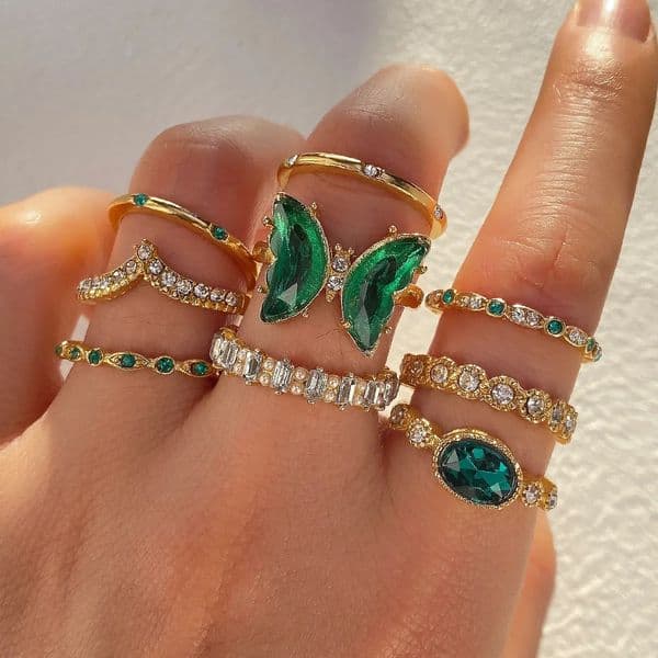 European and American Creative Personalized Jade Butterfly Open Ring Metal Wind Folding Wear Joint Jewelry 9piece Set 250326