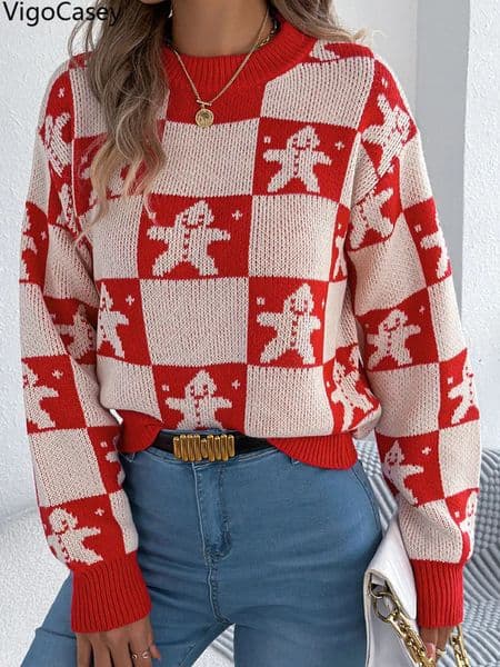 VigoCasey Autumn Winter Christmas Knitted Sweater Women Casual Plaid Print Pullover Lady Lantern Long Sleeve Loose Jumper 251031