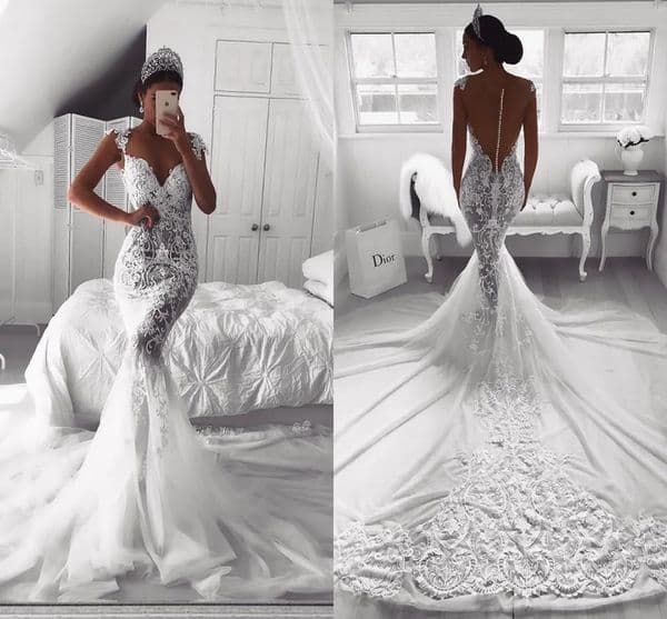 Sexy Sheer 2026 Mermaid Lace Dresses V Neck Illusion Button Back Court Train Tulle Wedding Dress Bridal Gowns Custom Made Youmaigowns