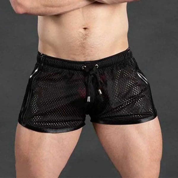 Summer mens sports shorts color matching hollow mesh loose brushed elastic waist quick drying jogging gym vacation beach shorts W250402