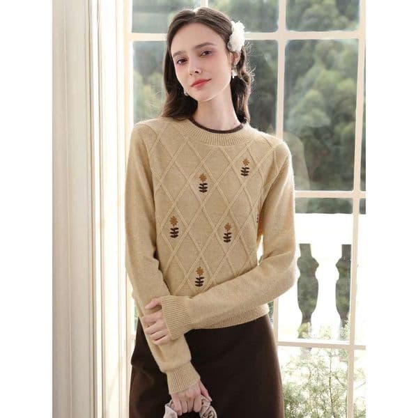 Khaki Embroider Pullover Crew Neck Knitted Sweater Women Autumn Winter New Long-Sleeved Wool Tops
