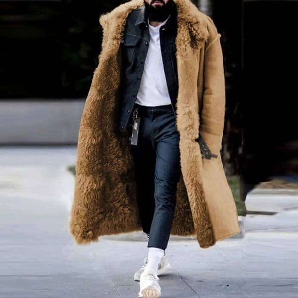Long Lined Autumn Plush Thick Coats Trendy Winter Overcoat Fur Faux Leather Men Woolen Jacket