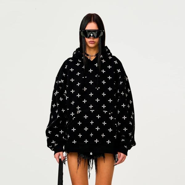 Designer luxury SMFK Black Garden Loose Hoodie Full Print Cross Flower All-Cotton Hooded Sweatshirt 2025 Spring New Model