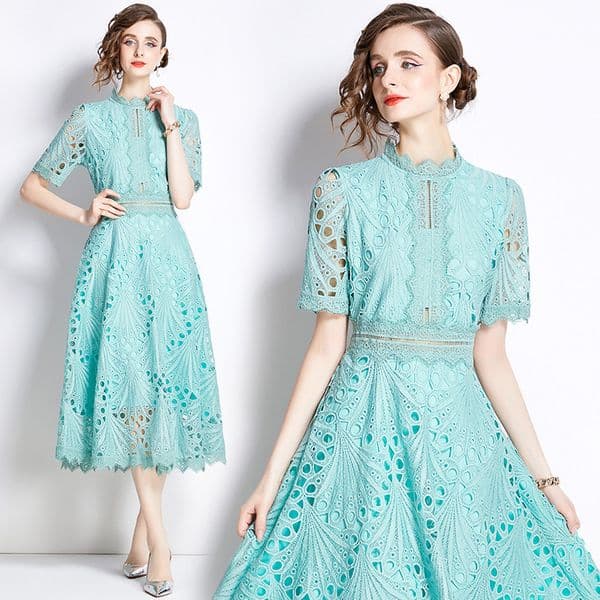 high-end lace patchwork round neck dress for women's summer new collection waist cinching and slimming style grand dress dress