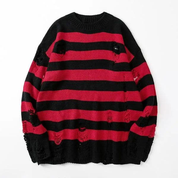 Black Stripe Sweaters Destroyed Ripped Sweater Men Pullover Hole Knit Jumpers Men Oversized Sweatshirt Harajuku Long Sleeve Tops 251103